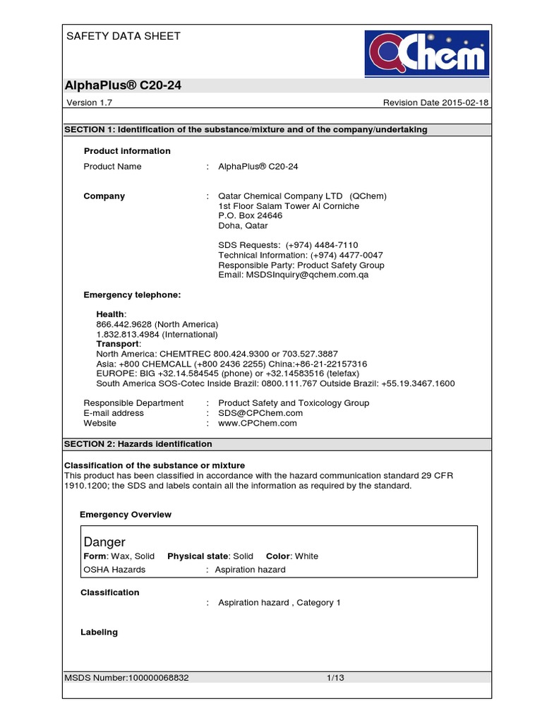 Alphaplus® C20-24: Safety Data Sheet | PDF | Dangerous Goods ...