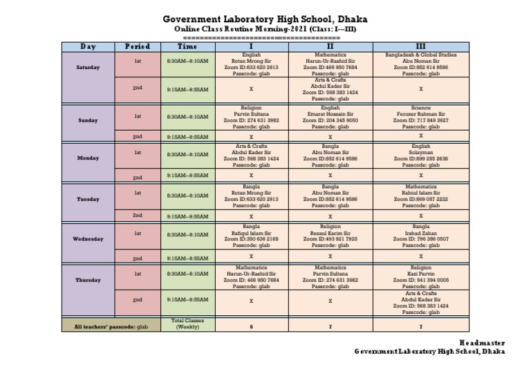 Government Laboratory High School, Dhaka: Online Class Routine Morning ...
