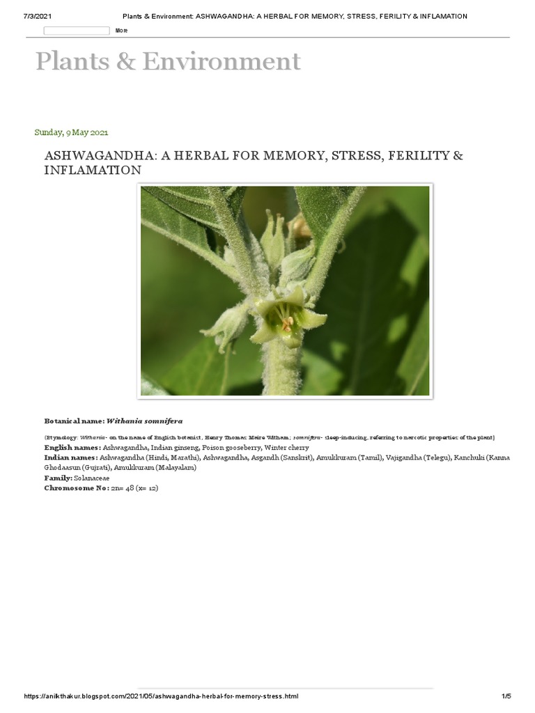 Plants Environment Ashwagandha A Herbal For Memory Stress Ferility Inflamation Pdf Organisms Plants