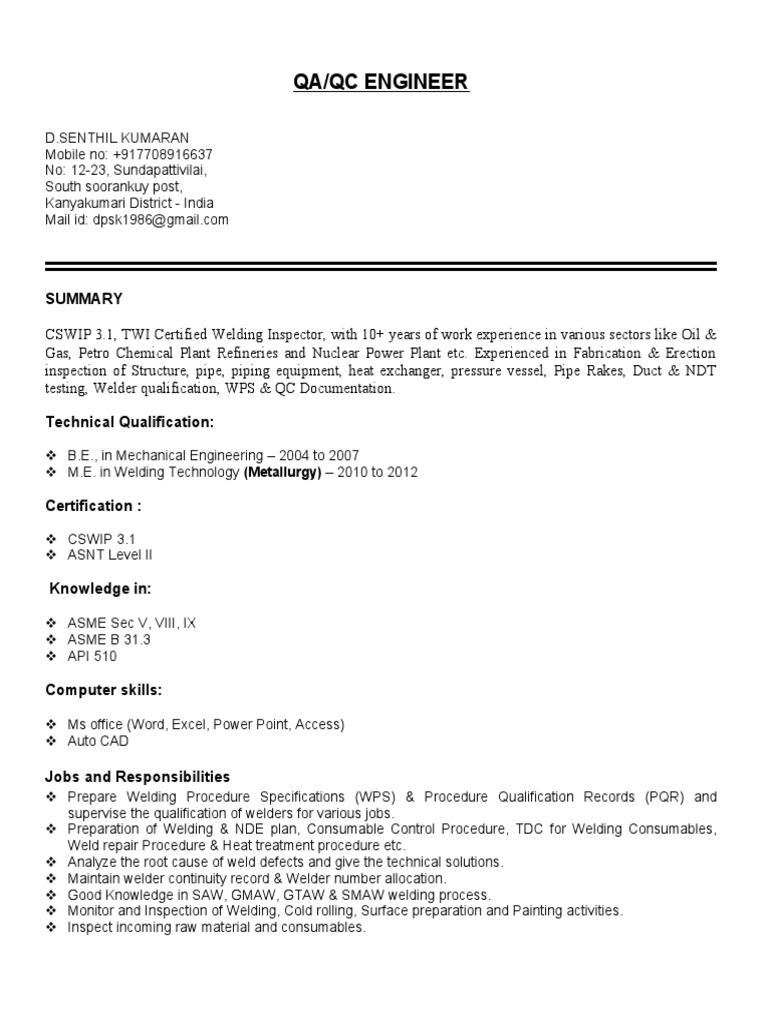 Resume QC Engineer PDF Welding Construction