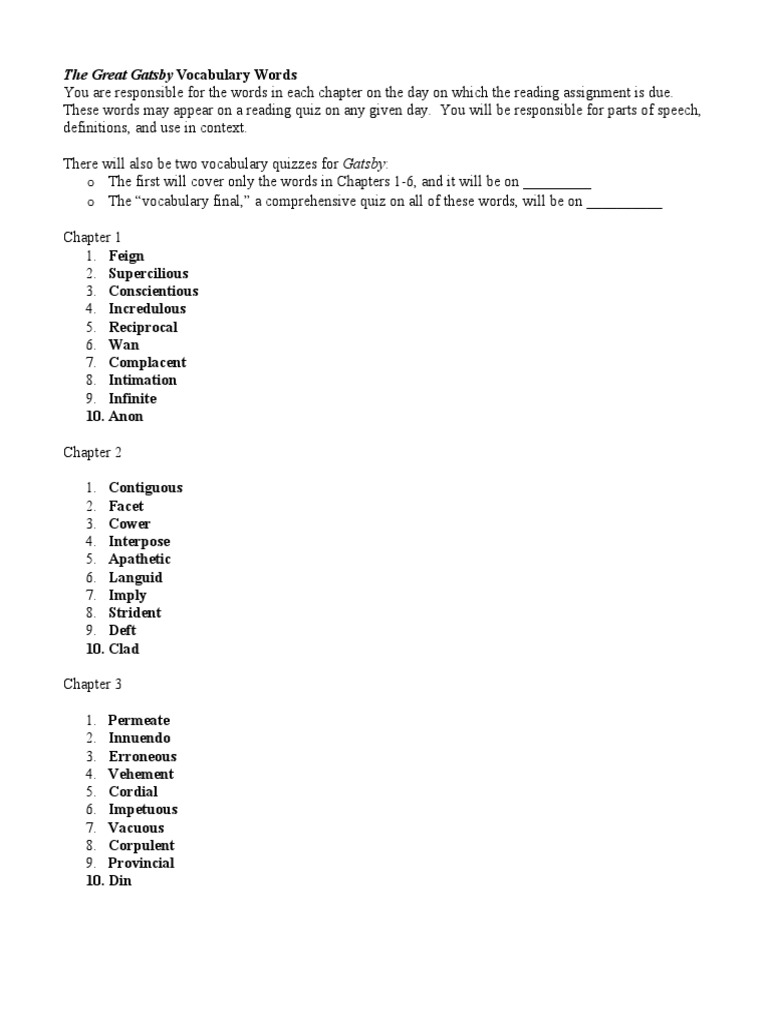 Gatsby Vocabulary Words by Chapter | PDF