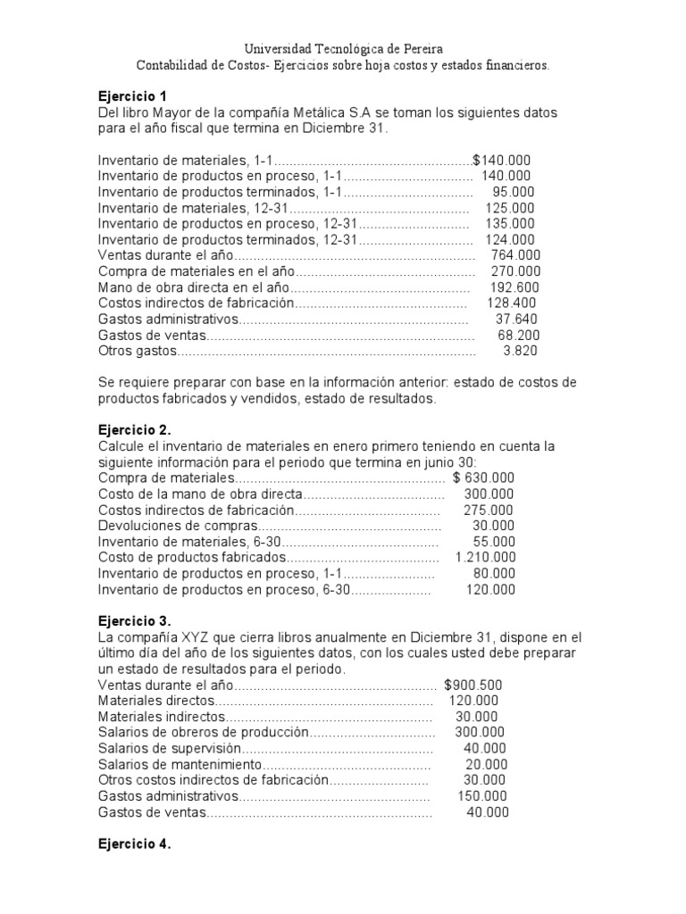 Ejercicios Resueltos de Contabilidad de Costos | PDF | Inventario ...