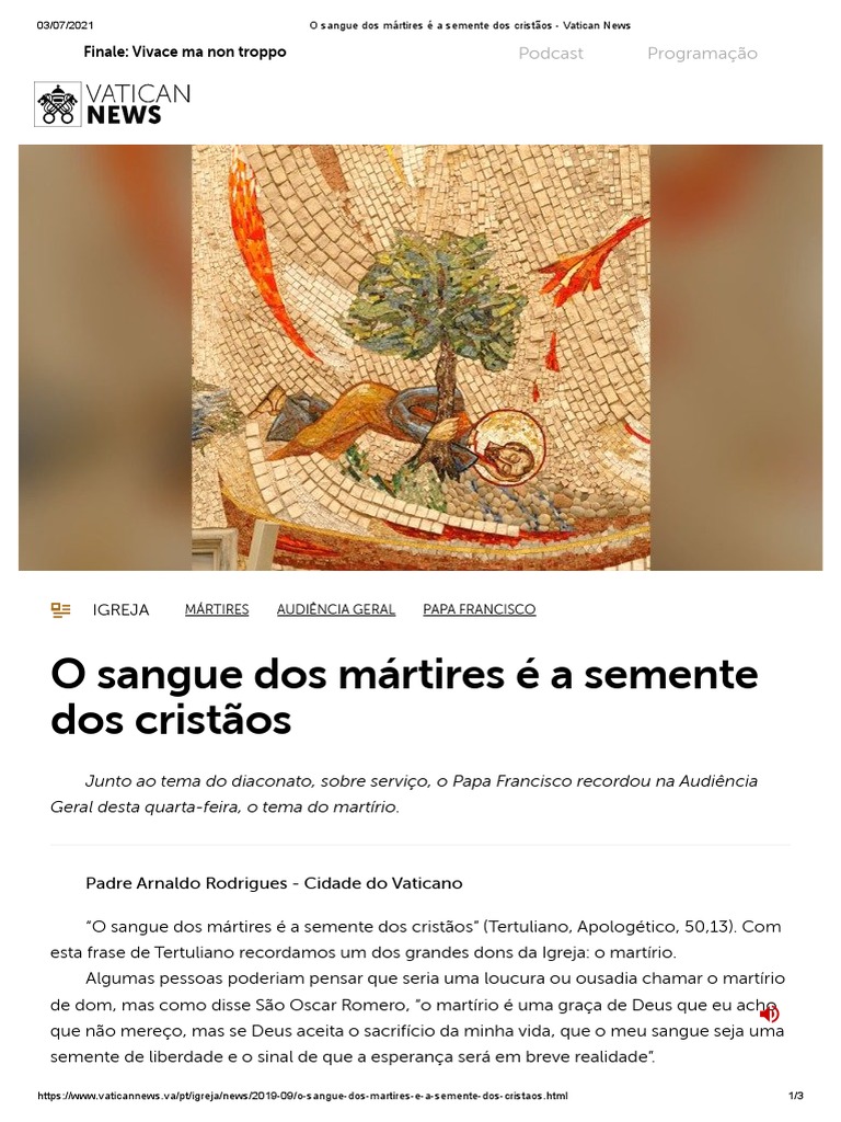 O Sangue Dos Mártires É A Semente Dos Cristãos - Vatican News | PDF ...