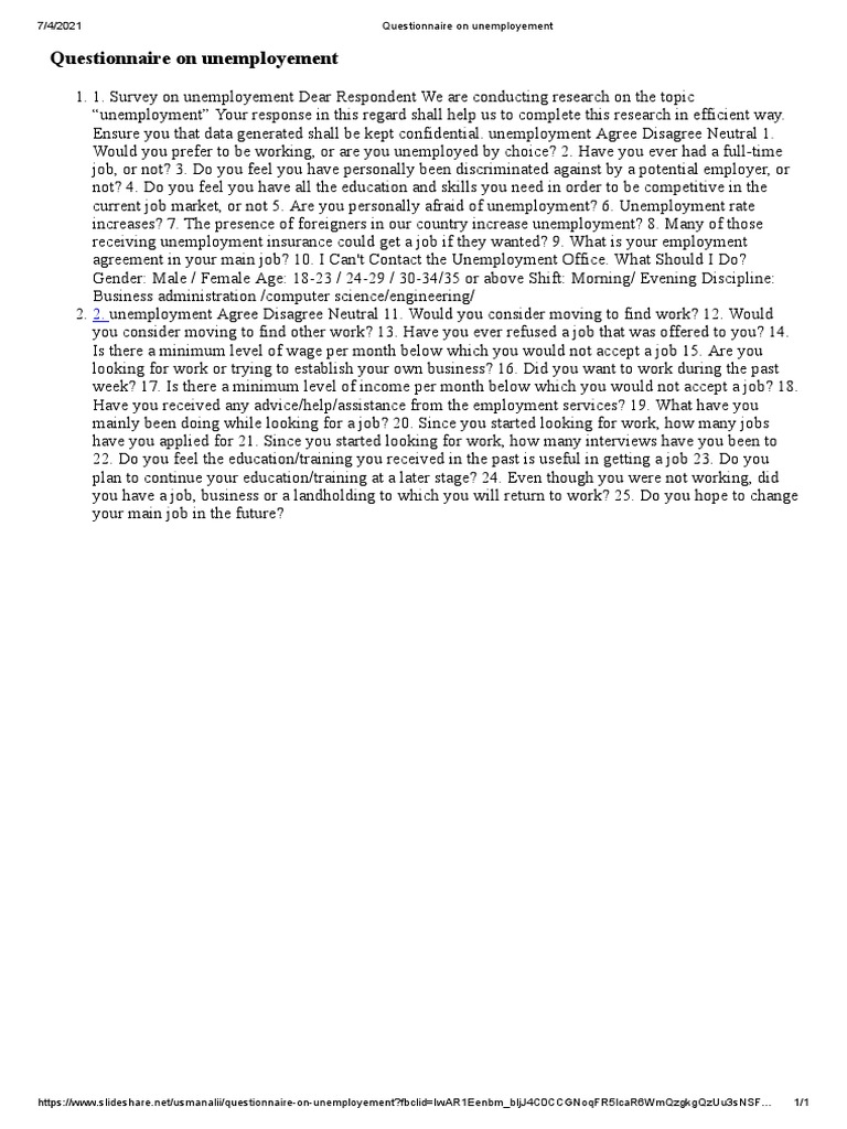Unemployment Survey Questionnaire | PDF | Unemployment | Social Science