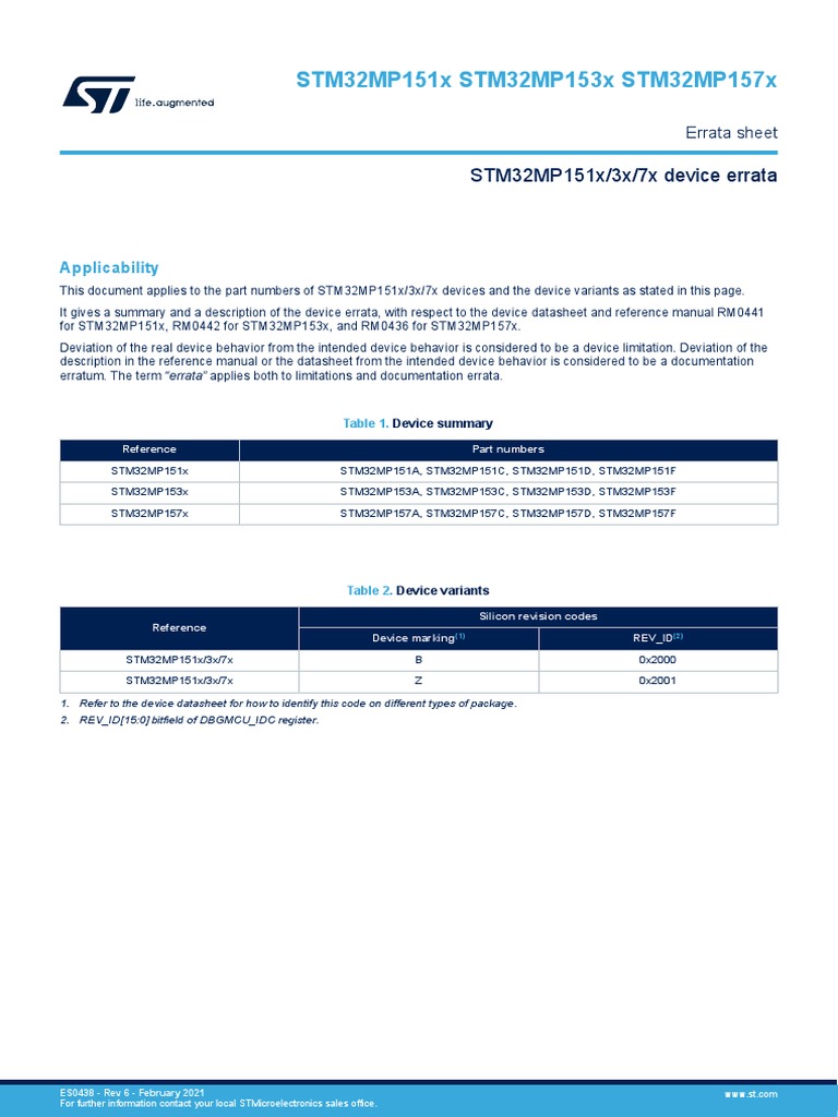 dm00516256 stm32mp151x3x7x Device Errata Stmicroelectronics Download