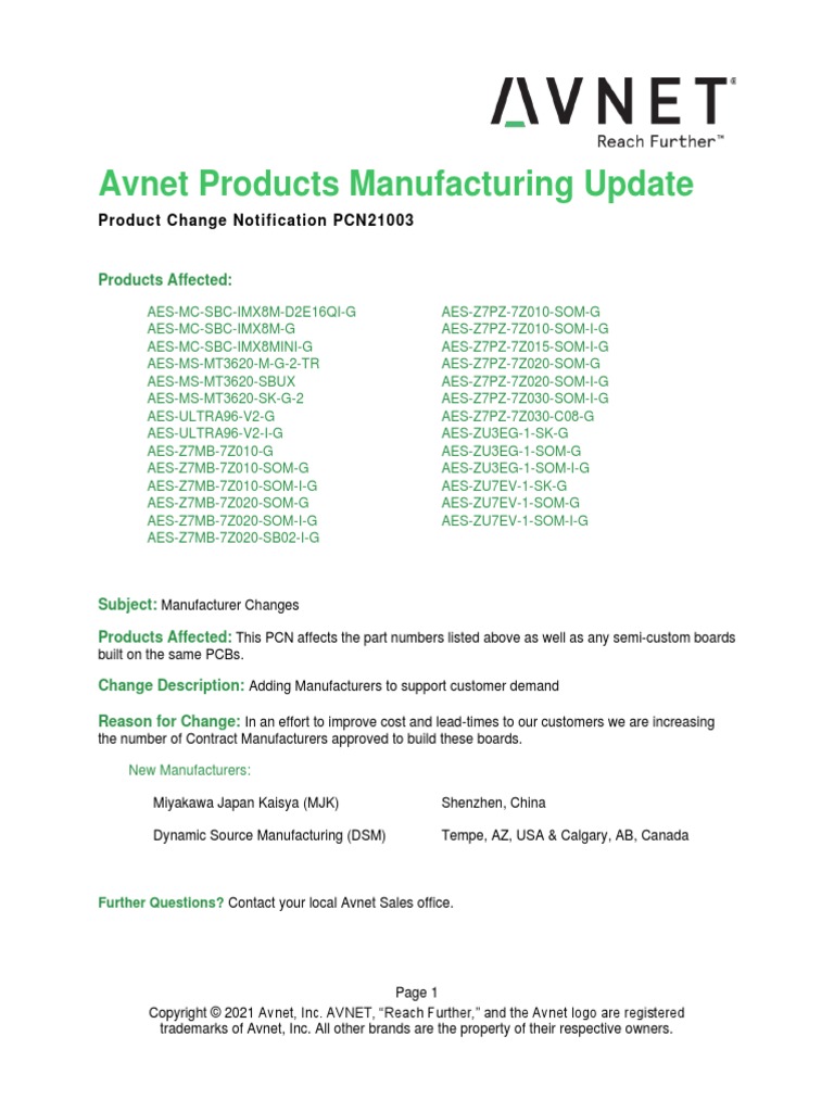 Avnet Products Manufacturing Update: Product Change Notification ...