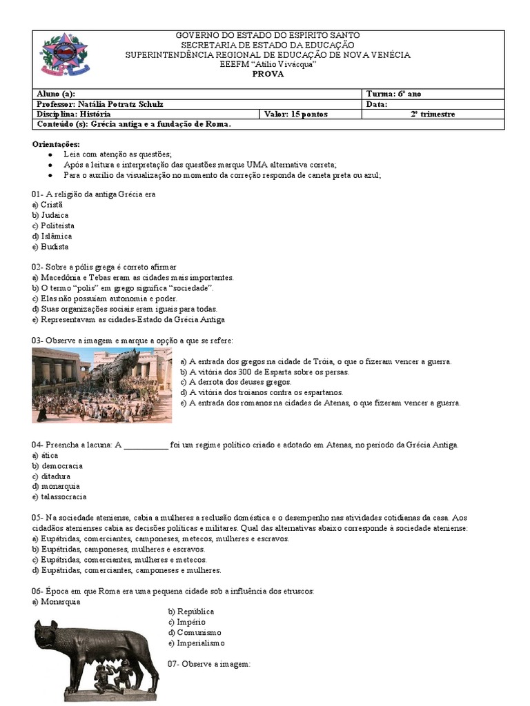 Prova de História: Grécia Antiga 6º Ano | PDF | Grécia Antiga | Roma Antiga