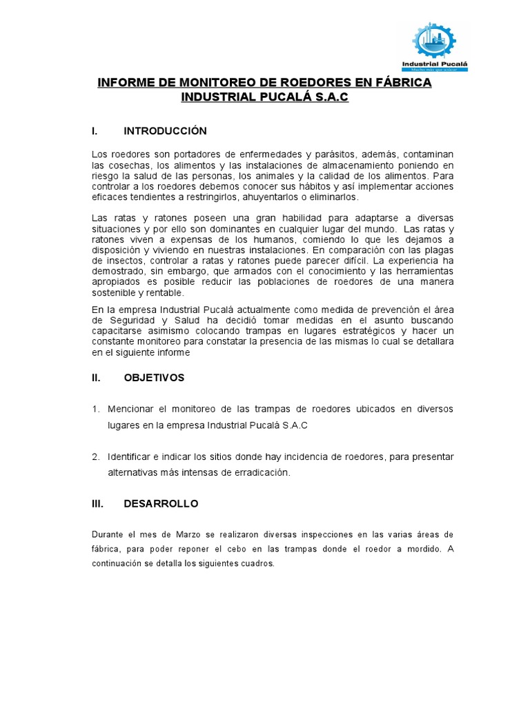 Informe Monitoreo de Roedores | PDF | Roedor | Alimentos