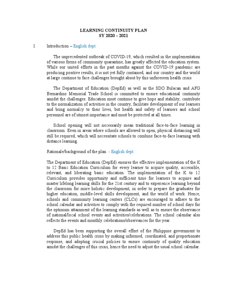 AFG Bernardino School Learning Plan 2020-2021 | PDF | Information And ...