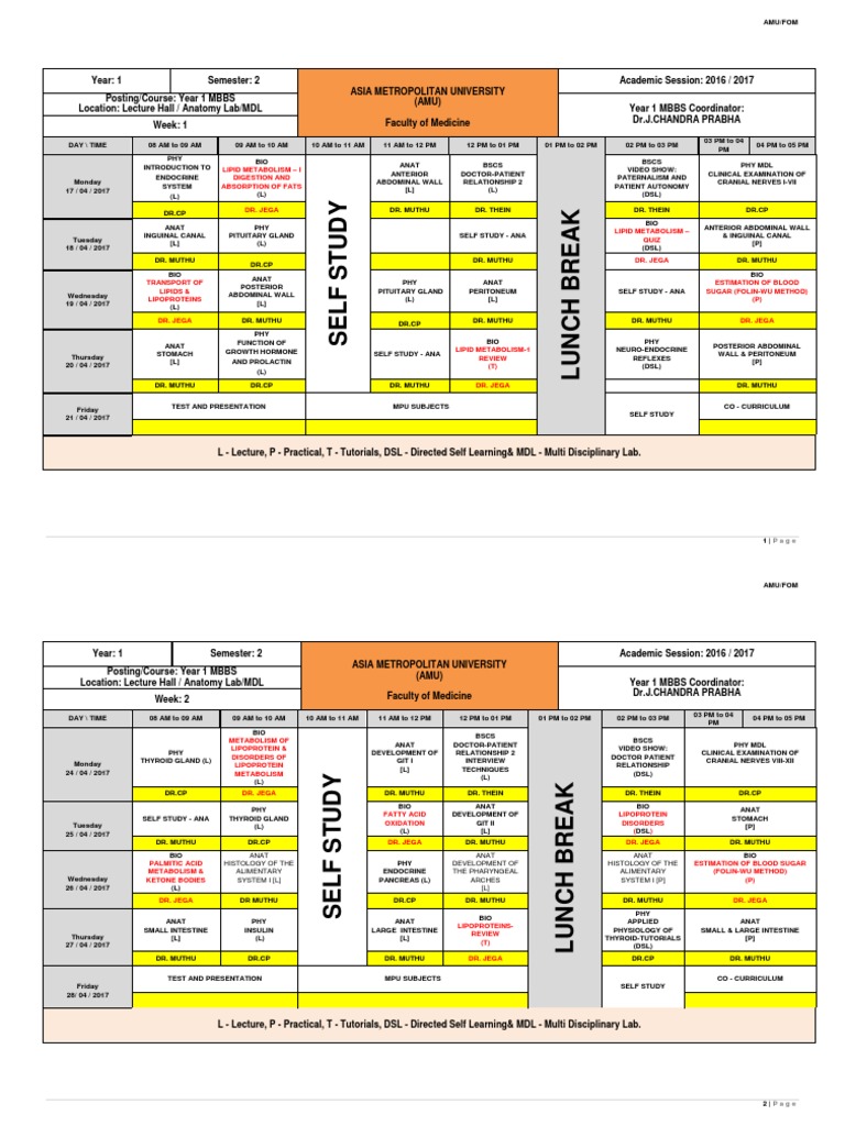 The Weekly Time Table For Year I Semester II of 2016 - 2017 Final | PDF ...