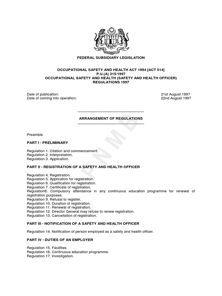 SHO Regulation 1997 PDF Occupational Safety And Health Safety