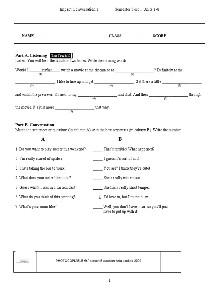 Part A. Listening: Impact Conversation 1 Semester Test 1 Units 1-8 | PDF