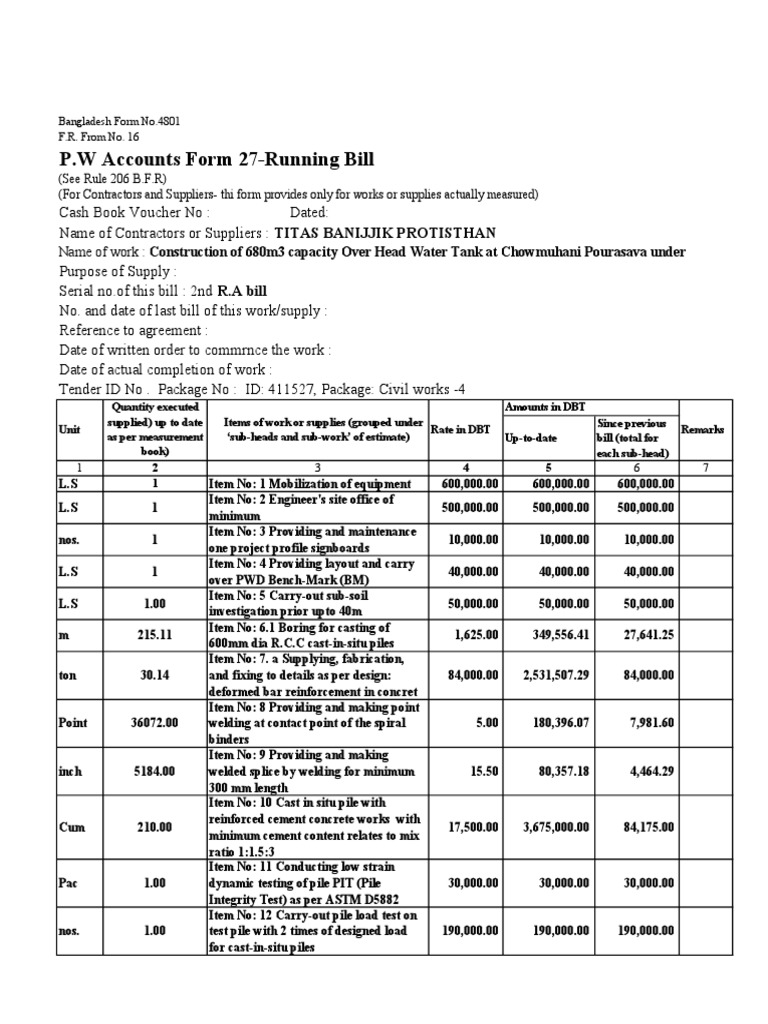 Running Bill Format for Construction | PDF | Deep Foundation | Civil ...