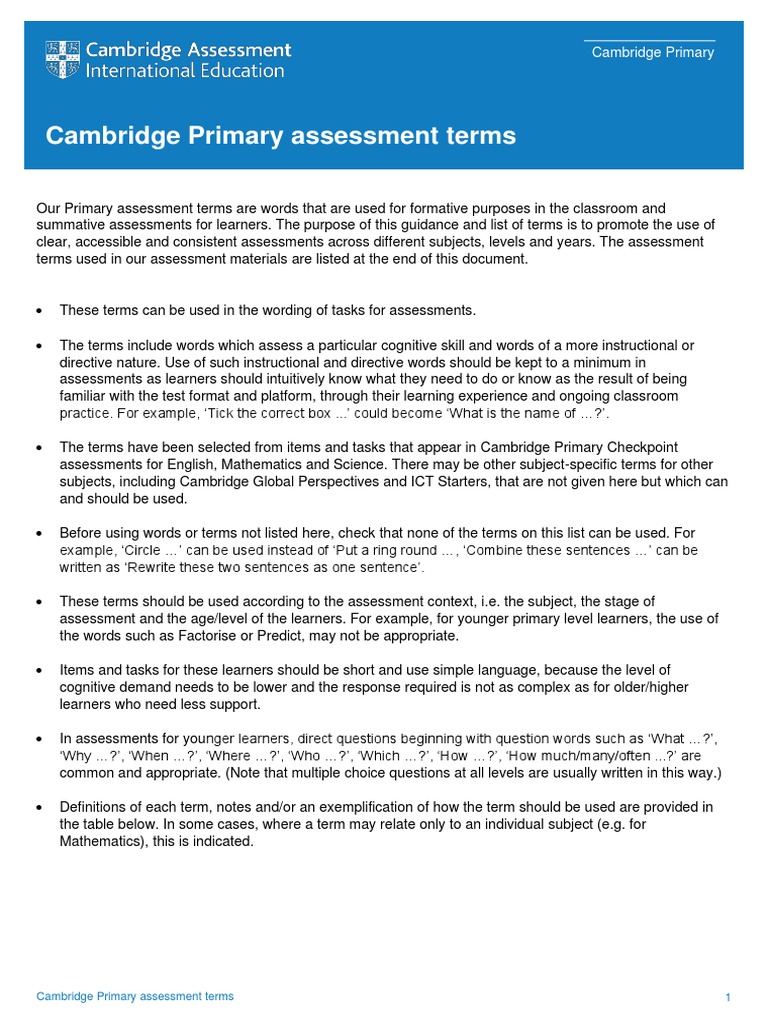 Cambridge Primary Assessment Terms Guide | PDF | Educational Assessment ...
