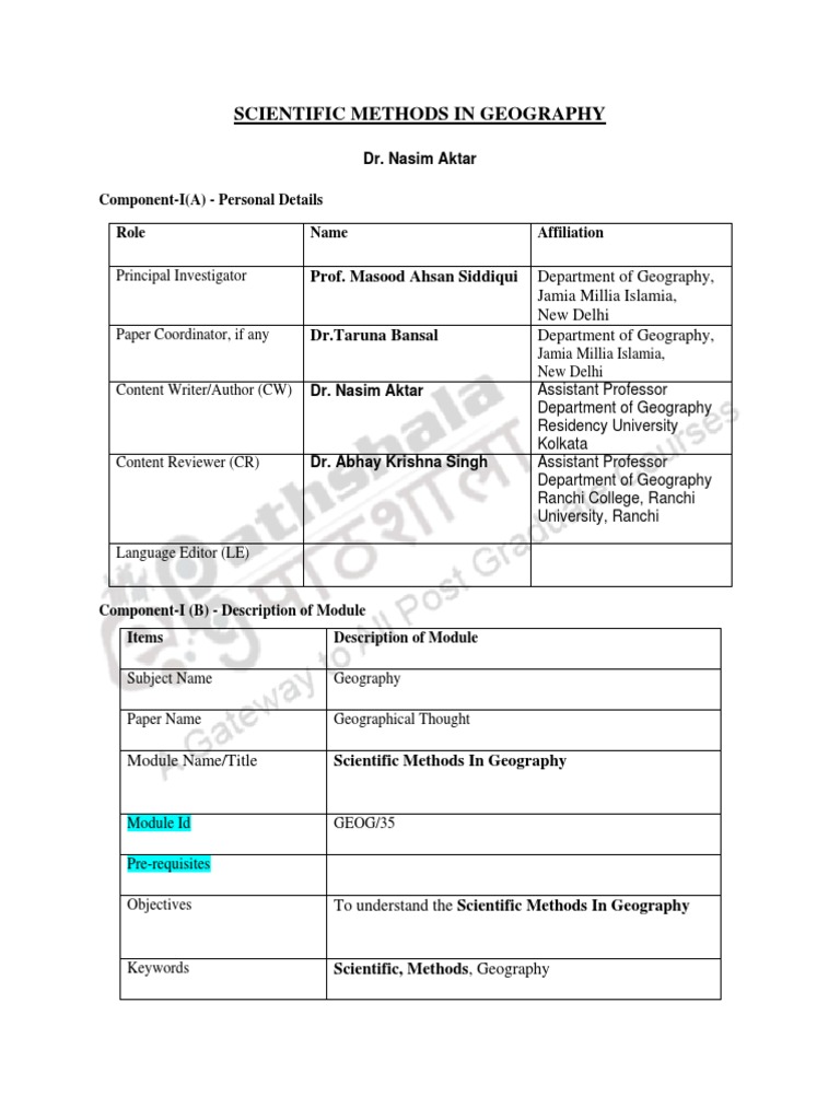 Scientific Methods in Geography Department of Geography, Jamia Millia