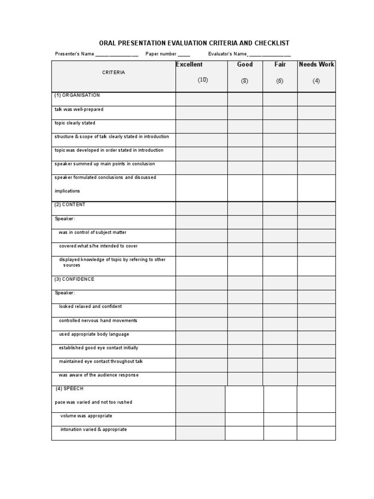 Oral Presentation Evaluation Criteria and Checklist Download Free PDF