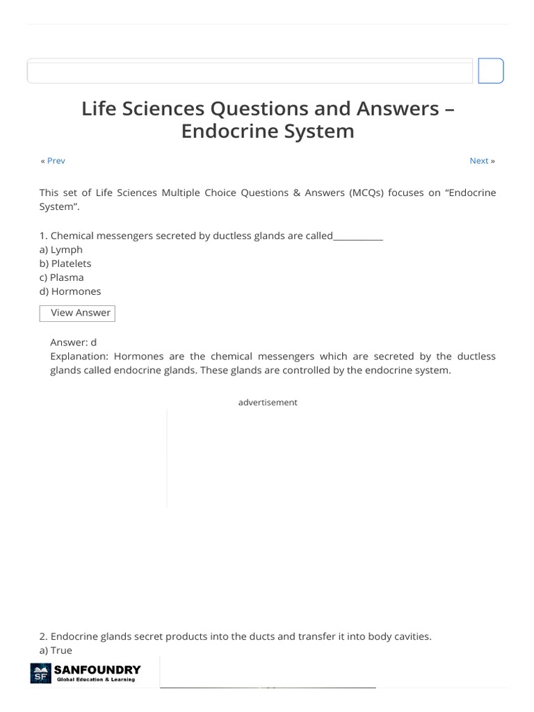 Endocrine System - Life Sciences Questions and Answers - Sanfoundry | PDF | Endocrine  System | Hormone
