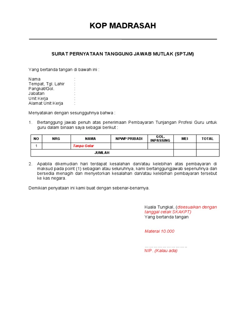 Contoh sptjm tpg non pns pdf