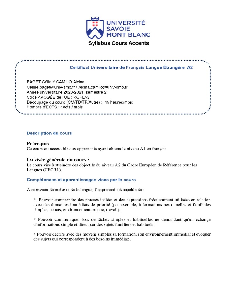 Syllabus Certificat FLE A2 2020-2021 | PDF | Mécanique du langage | Syntaxe