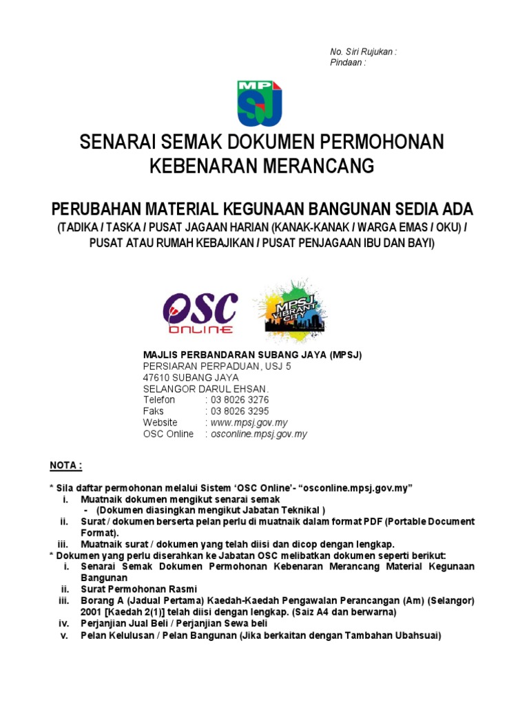 A 3 1 18092020 Senarai Semak Dokumen Permohonan Kebenaran Merancang Perubahan Material Kegunaan Bangunan Pdf