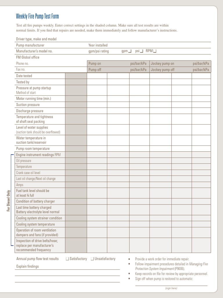 Weekly fire pump test form sign here pdf pump motor oil