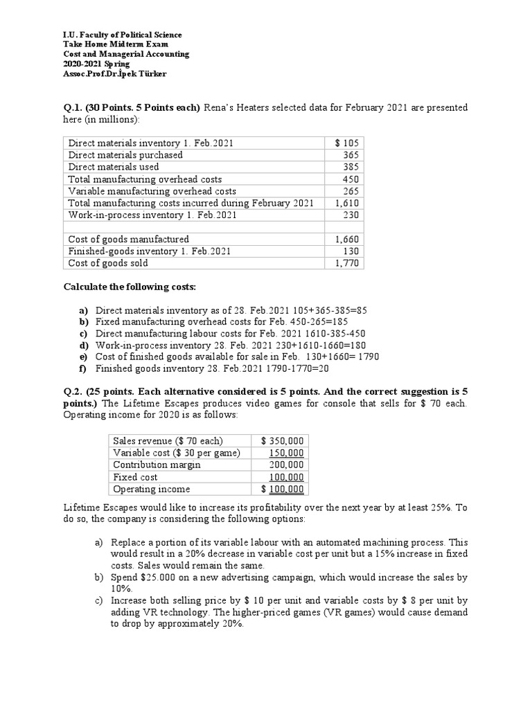 Cost and Managerial Accounting Exam 2021 | PDF | Cost Of Goods Sold ...