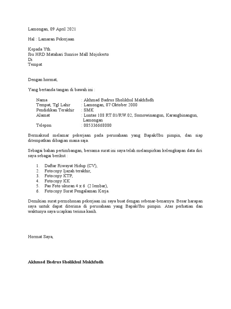 Contoh Surat Lamaran Kerja | PDF