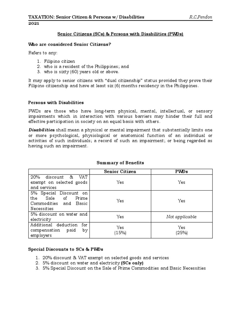 Senior Citizen & PWD Tax Benefits Guide | PDF | Value Added Tax | Tax ...