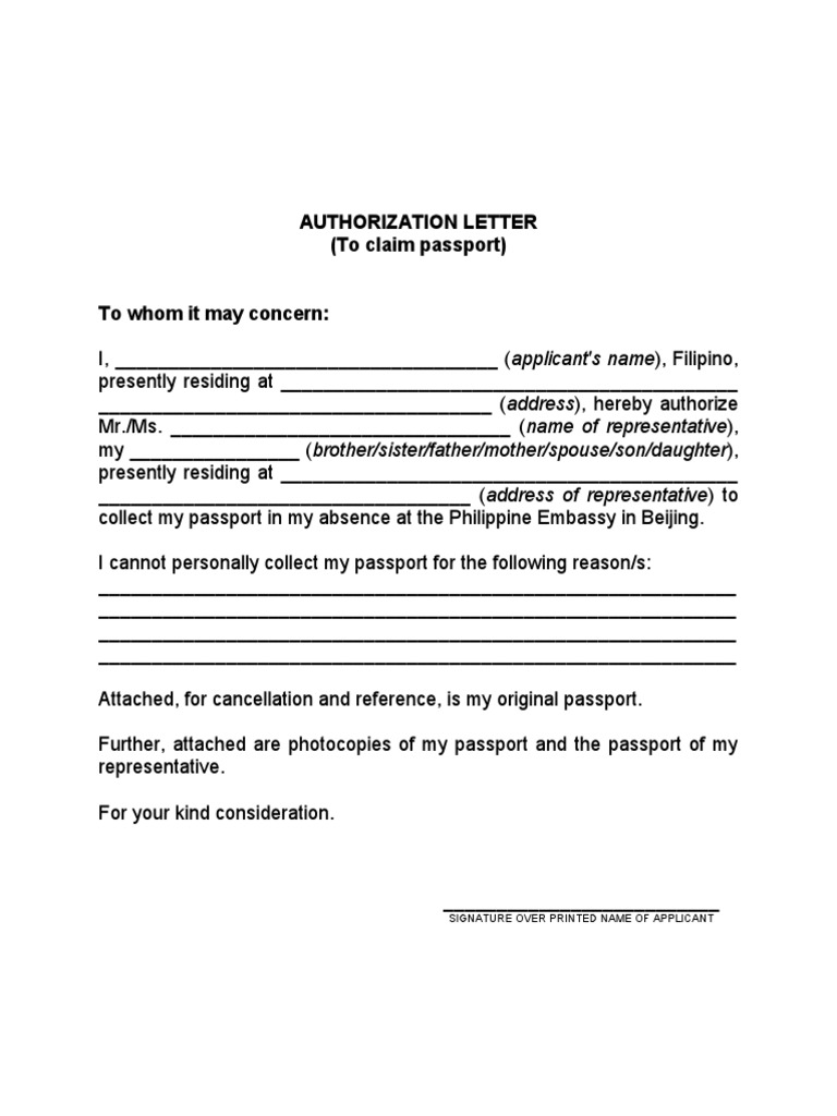 ANNEX 14 - Authorization Letter To Claim Passport | PDF