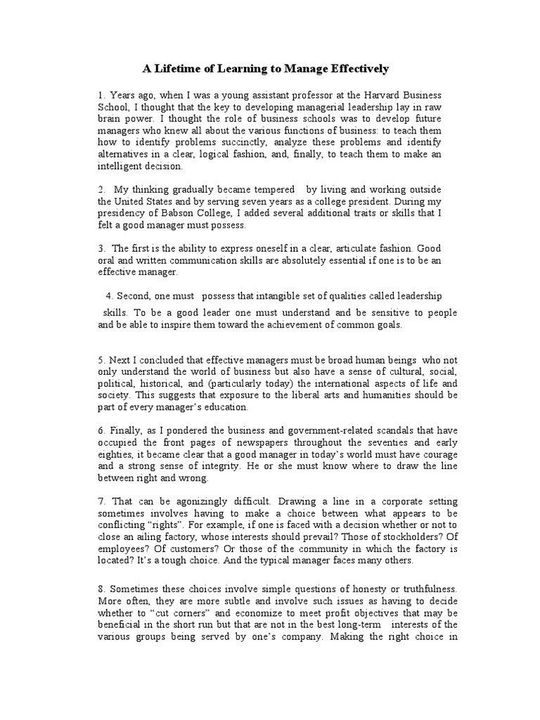 A Lifetime of Learning To Manage Effectively | PDF | Integrity | Leadership