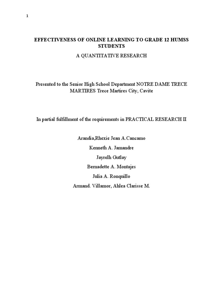 Effectiveness of Online Learning To Grade 12 Humss Students | PDF ...