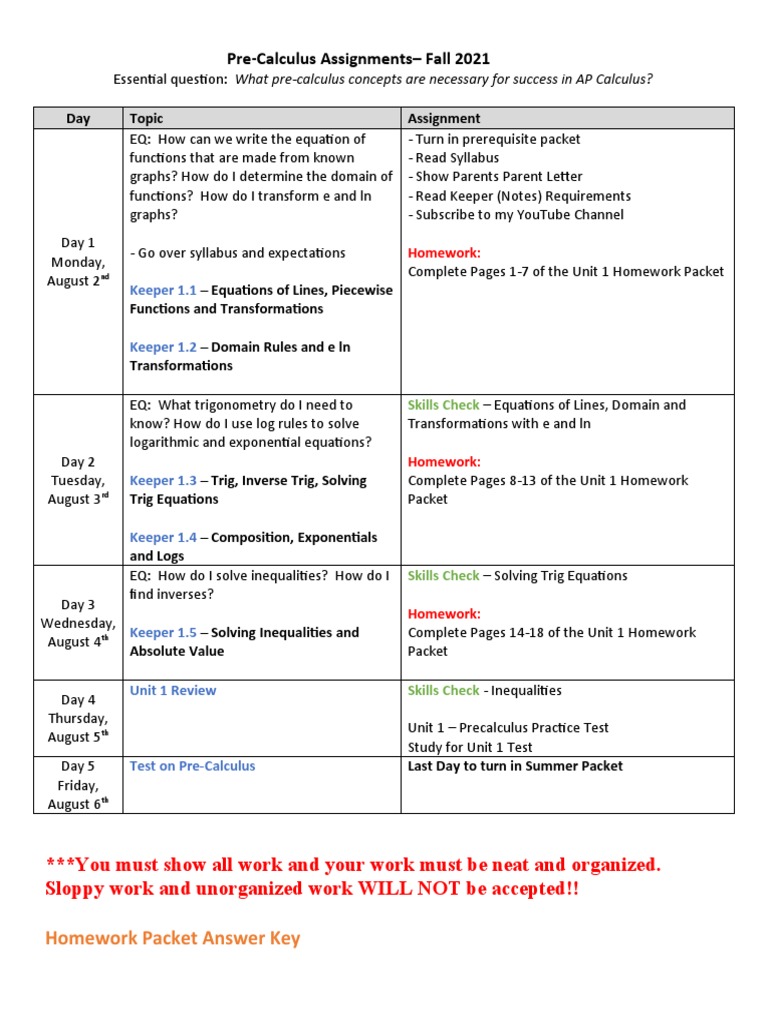 Pre-Calculus Assignments Overview 2021 | PDF
