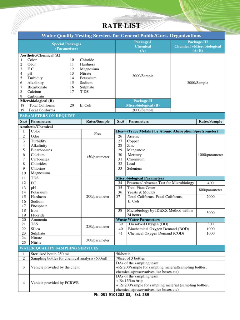 PCRWR Water Quality Testing Rates | PDF | Chlorine | Bicarbonate