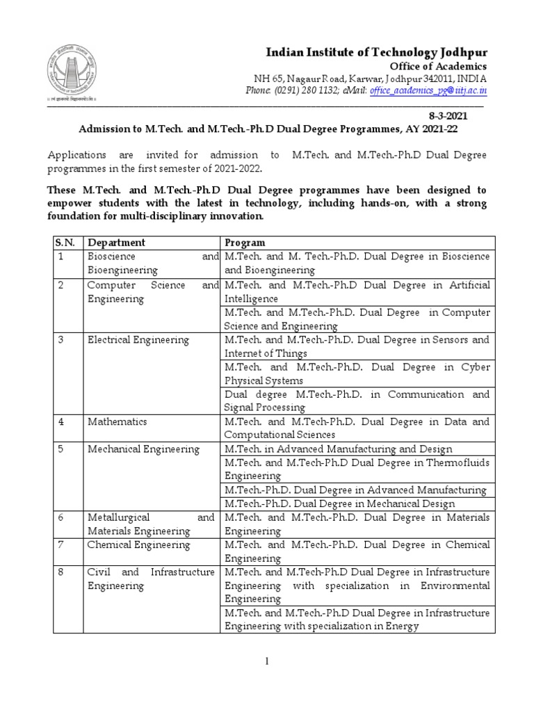 IIT Jodhpur M.Tech Admissions 2021 | PDF | Engineering | Academic Degree