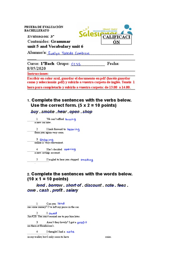 1º Bach English Evaluation: Grammar & Vocabulary | PDF | Language ...