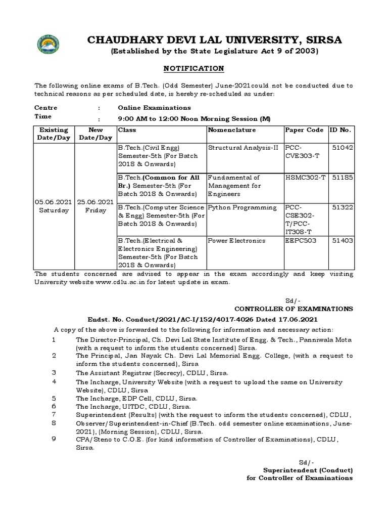 Reschedule Date Sheet of B.Tech Odd Sem. June 2021 PDF Science