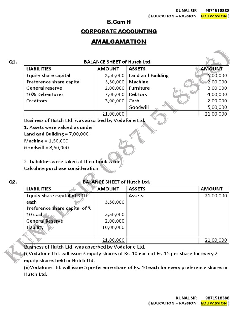 Purchase Consideration in Amalgamation | PDF | Equity (Finance) | Book ...