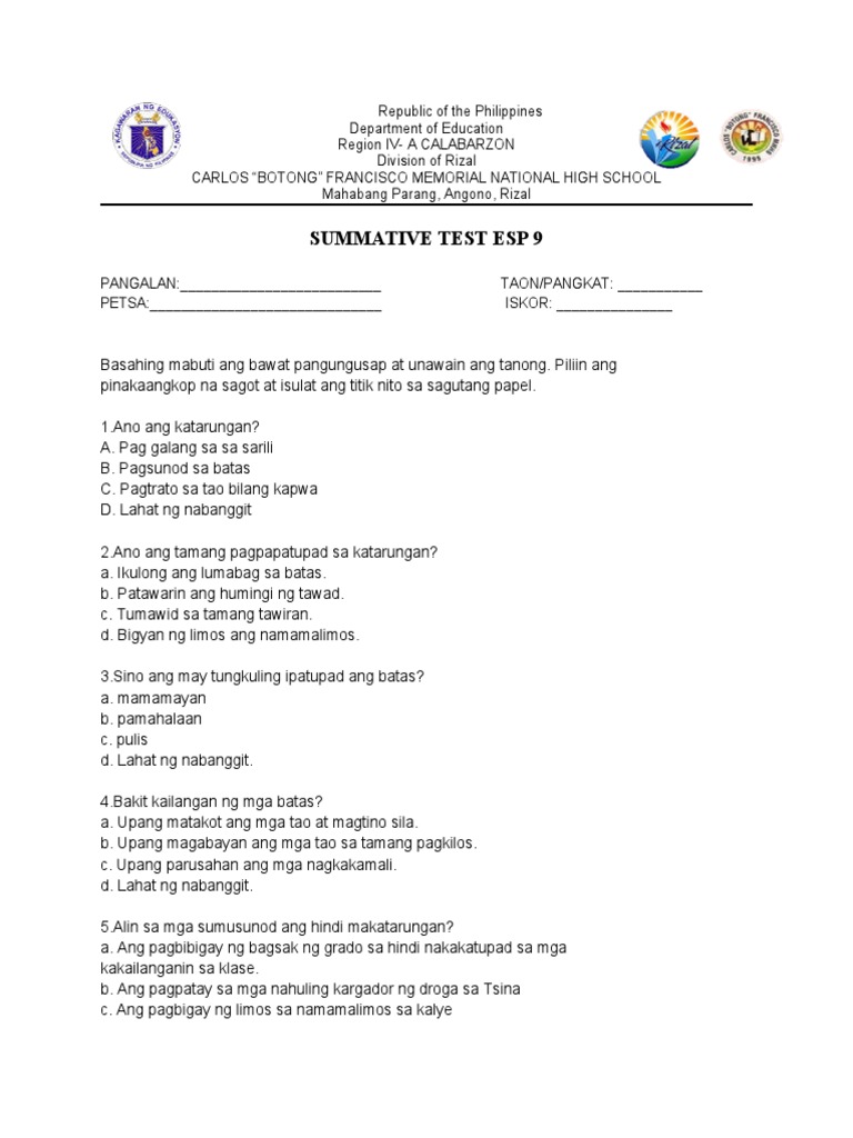 Summative Test G9 | PDF