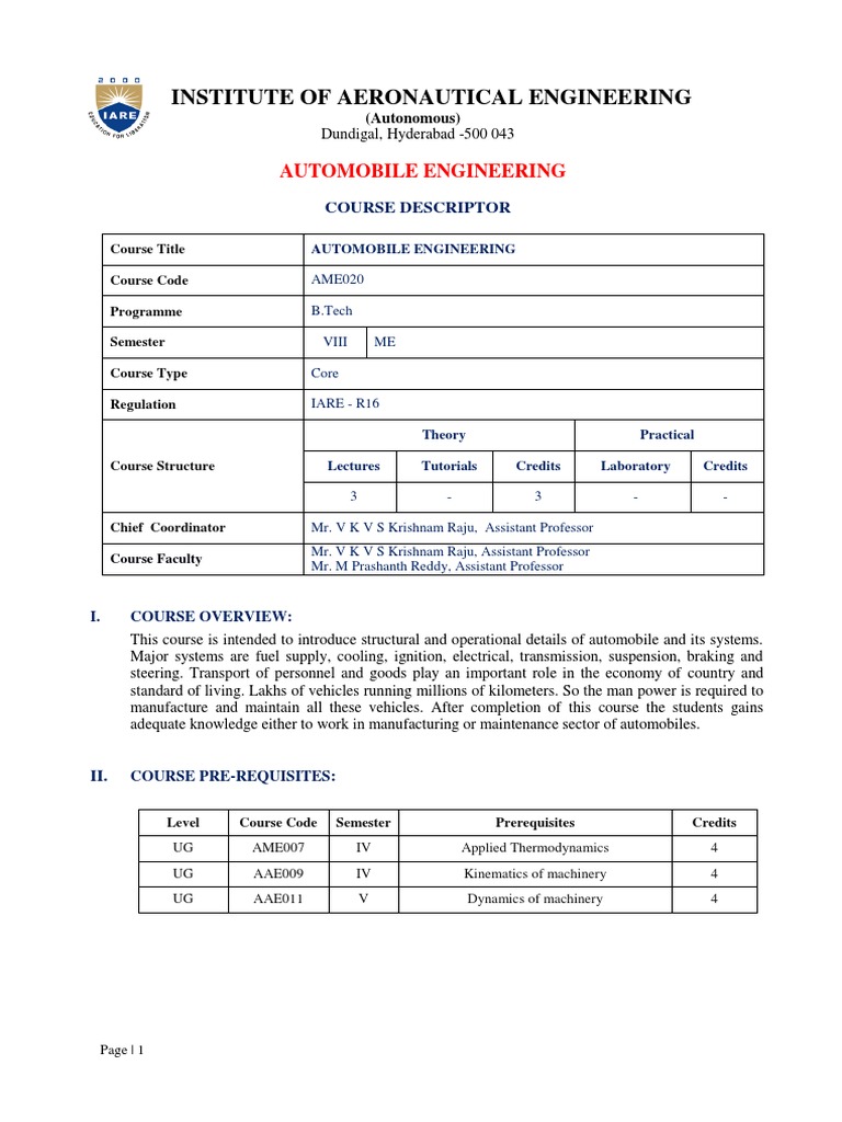 Automobile Engineering Course Overview | PDF | Transmission (Mechanics ...
