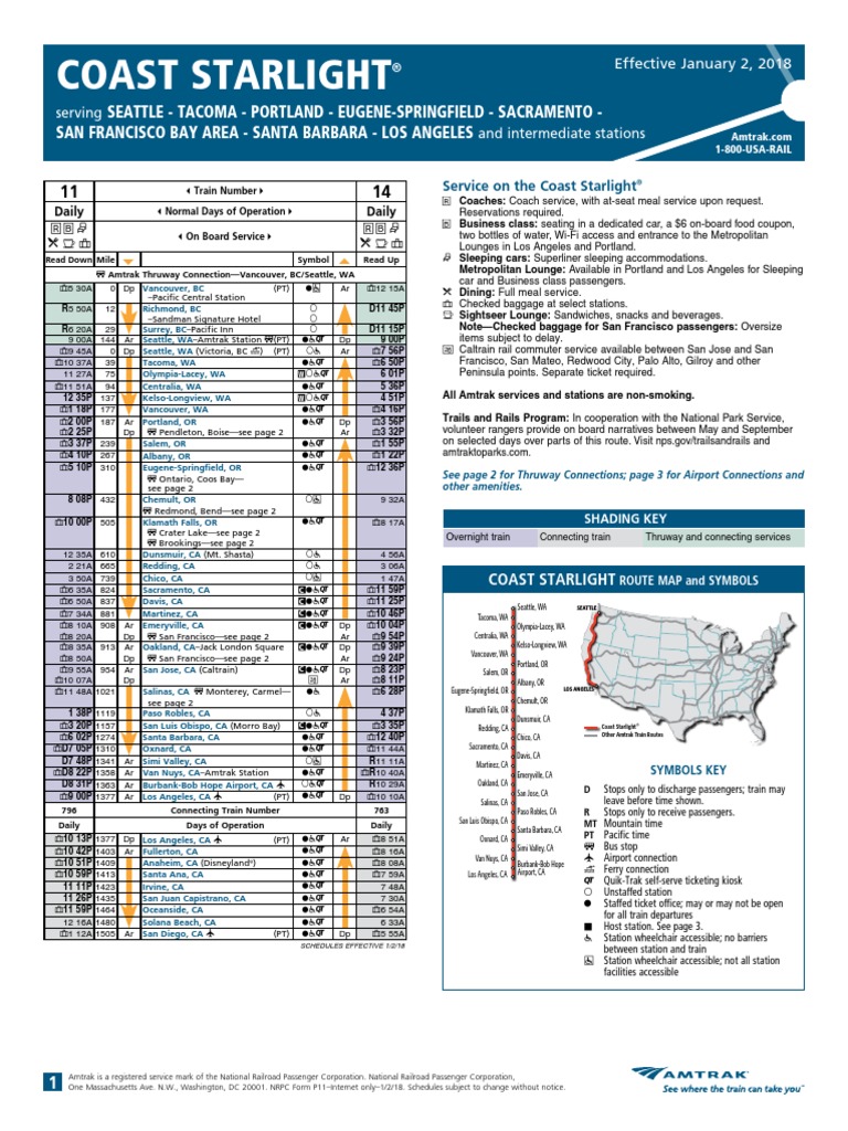 Coast Starlight Schedule 010818 PDF Bus Transport Sustainable