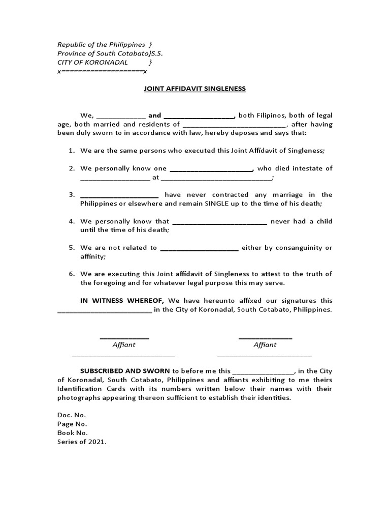 Joint Affidavit of Singleness Template | PDF | Law