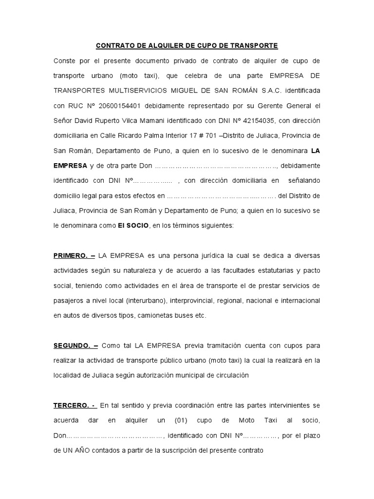 Contrato de Alquiler de Cupo Moto Taxi | PDF | Transporte público ...