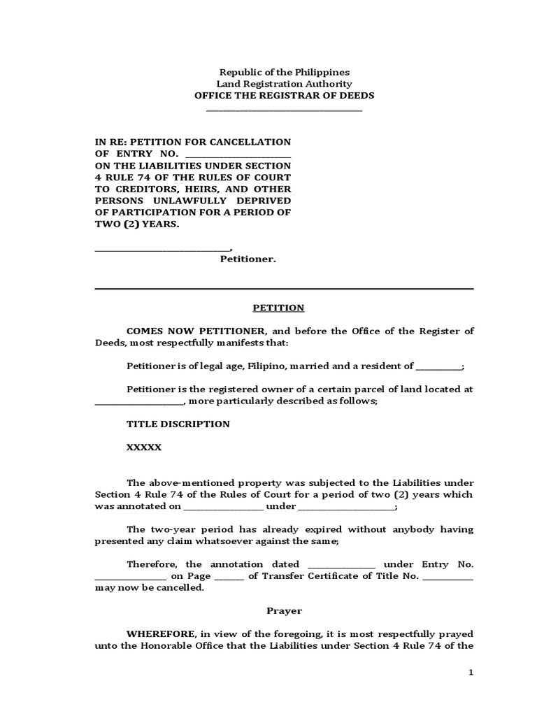 Petition to Cancel Liabilities Under Rule 74 | PDF | Title (Property ...