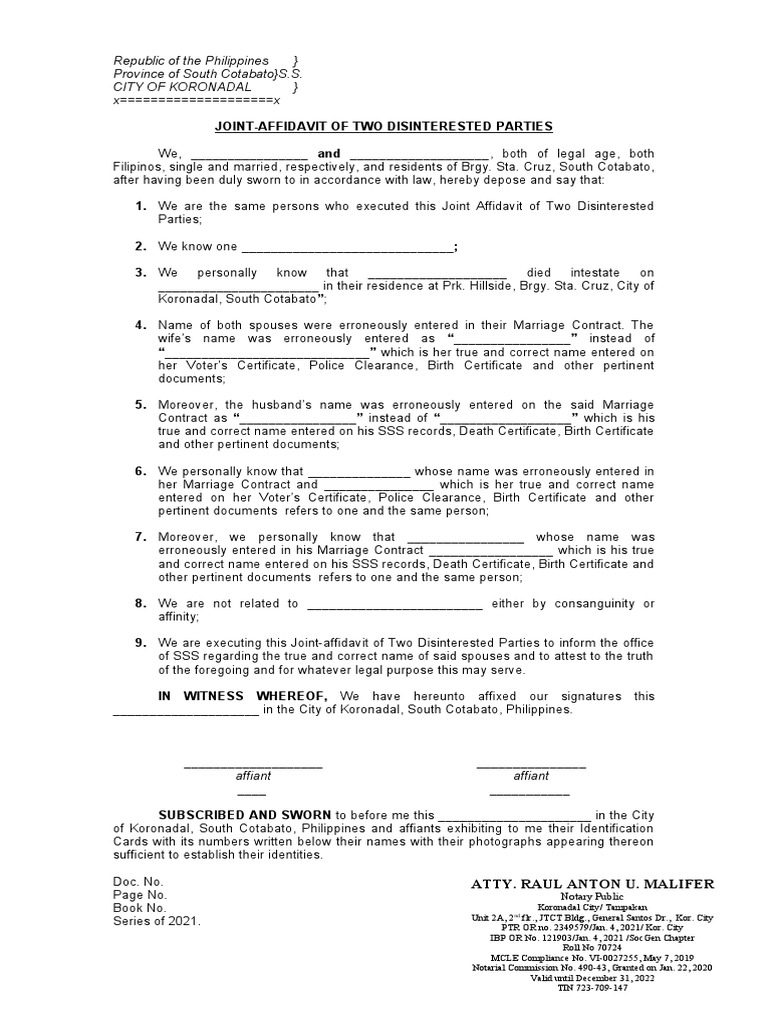 Joint Affidavit of Disinterested Parties | PDF | Kinship And Descent ...