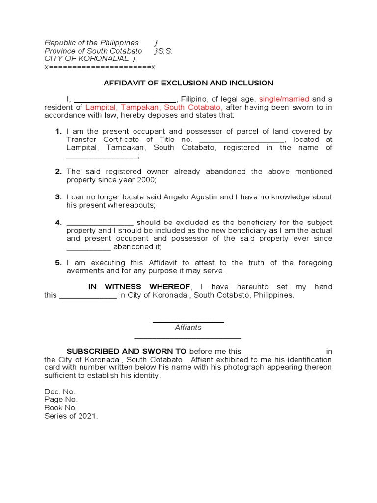 AFFIDAVIT OF Exclusion and Inclusion Blank | PDF