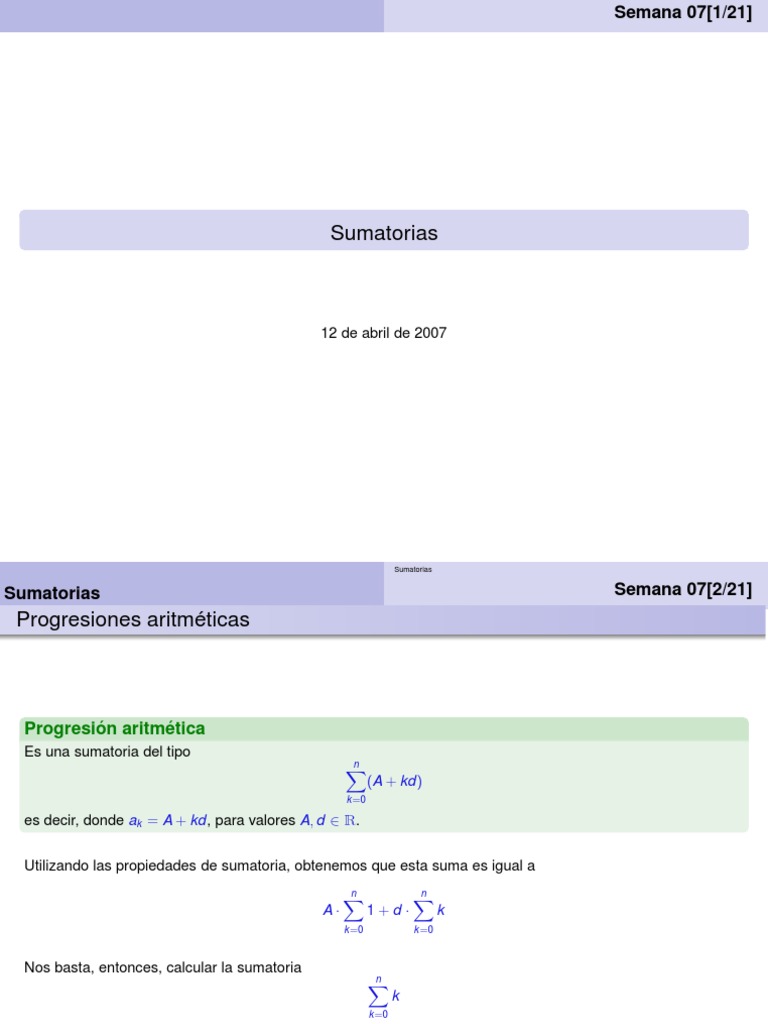 Propiedades de Sumatorias Aritméticas | PDF | Métodos y materiales de ...