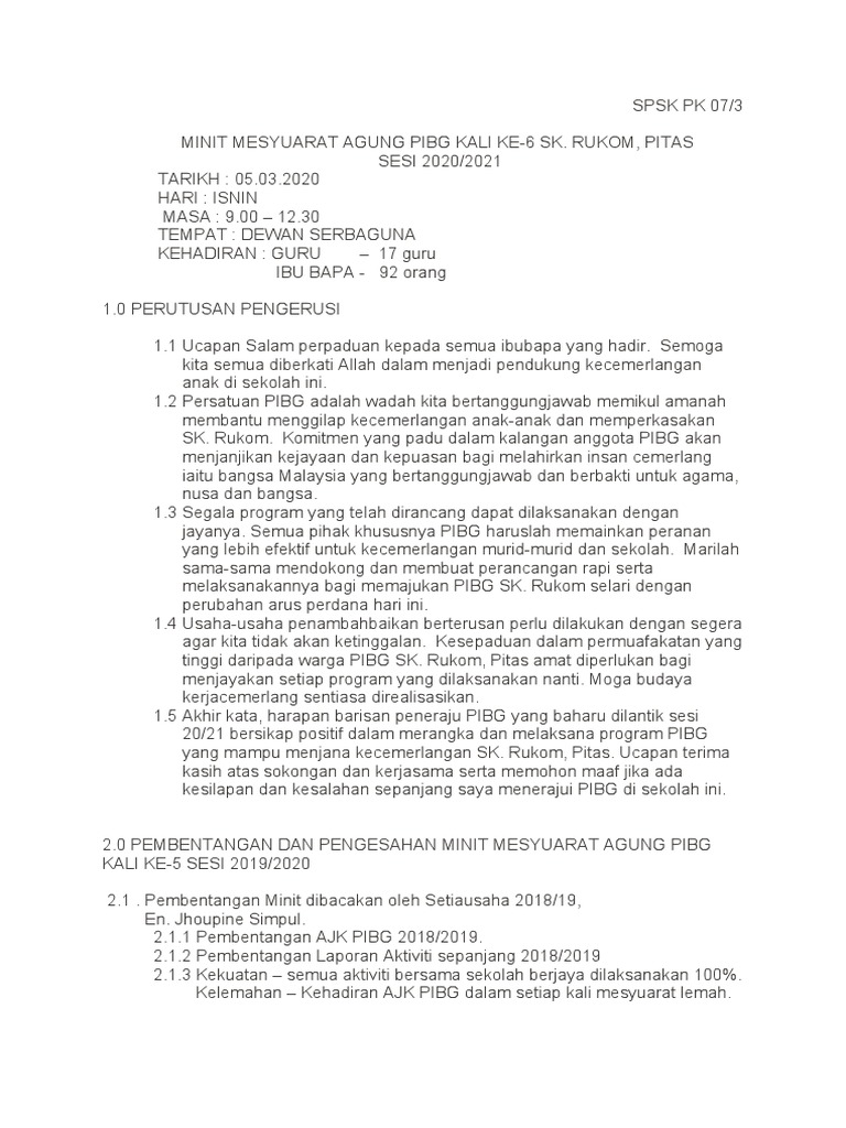 Minit Mesyuarat Agung PIBG SK Rukom | PDF | Karier & Perkembangan ...