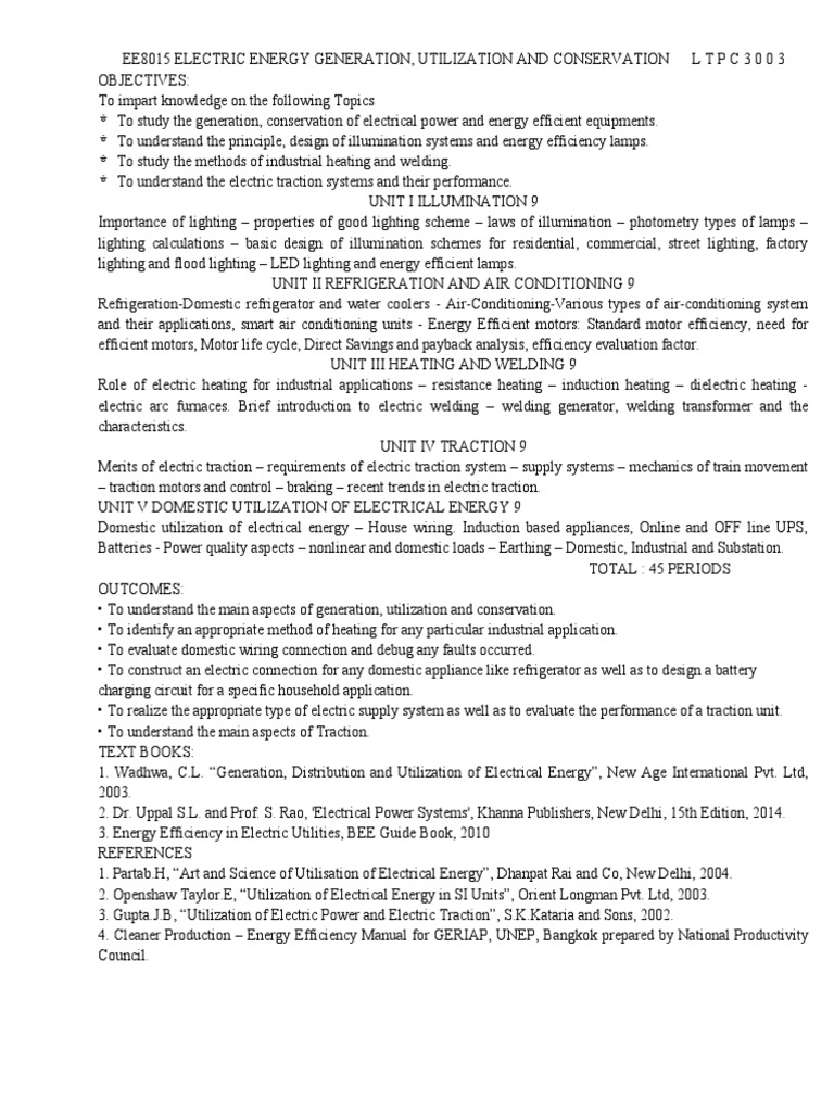 Ee8015 Electric Energy Generation Syllabus PDF Lighting Efficient