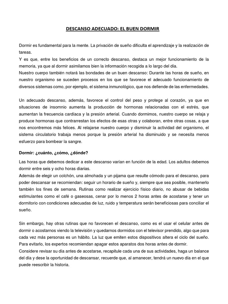 Descanso Adecuado - El Buen Dormir | PDF | Dormir | Corazón