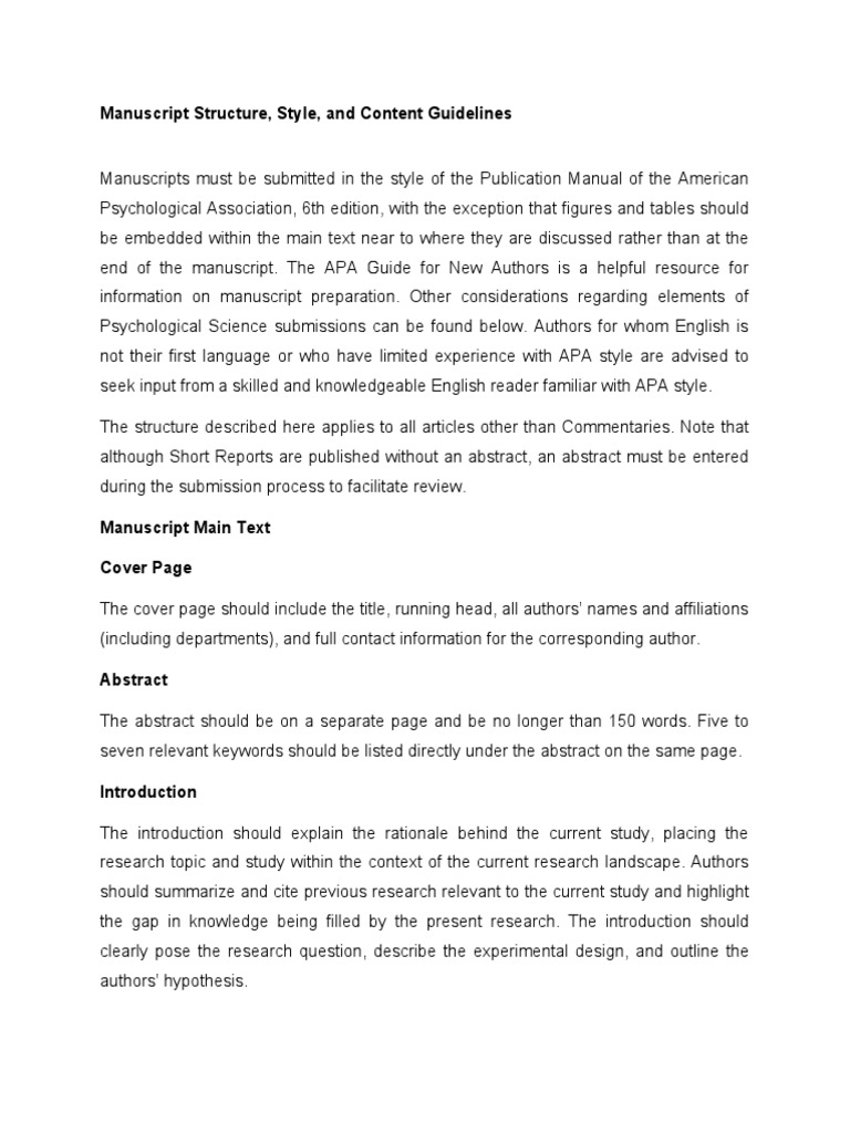 Guidelines for Manuscript Structure, Style, and Content in